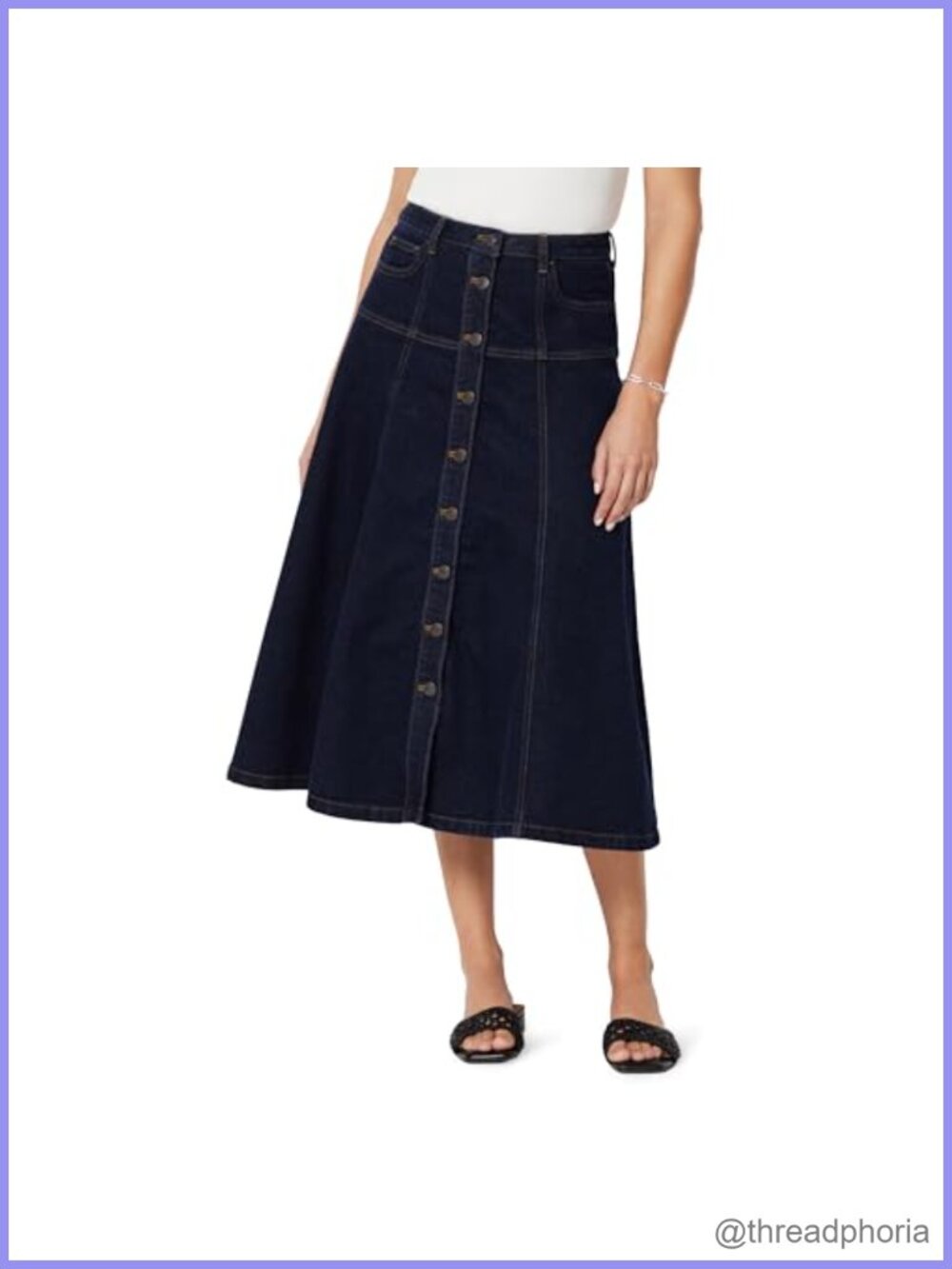 High-Rise Denim Button-Down A-Line Midi Skirt